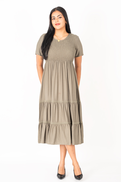 Nifty Soul Round Neck Smocked Tiered Midi Dress