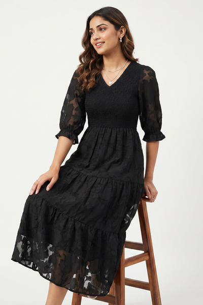 Nifty Soul V Neck Smocked Dress 