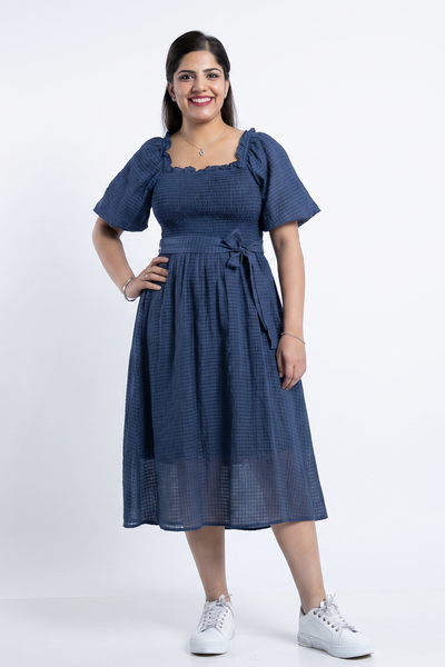 Nifty Soul Puff Sleeve Square Neck Tie Waist Midi Dress